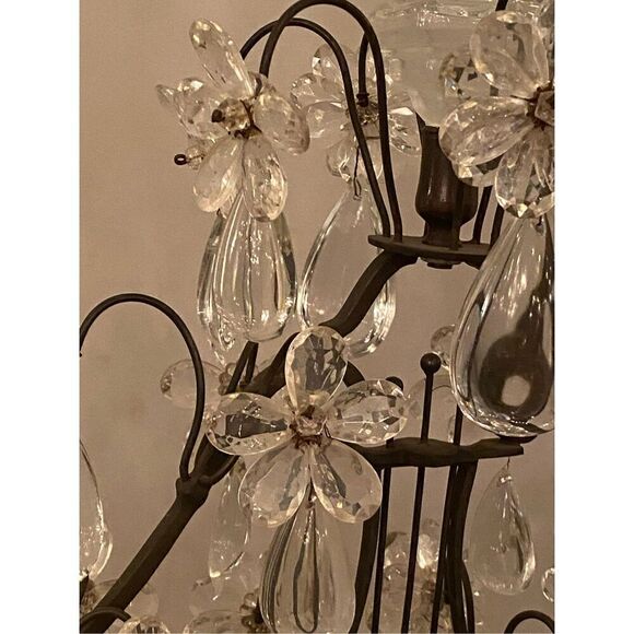 Vintage  French Girandole Wrought Iron Lamp W/Floral Prisms - Picture 3 of 7